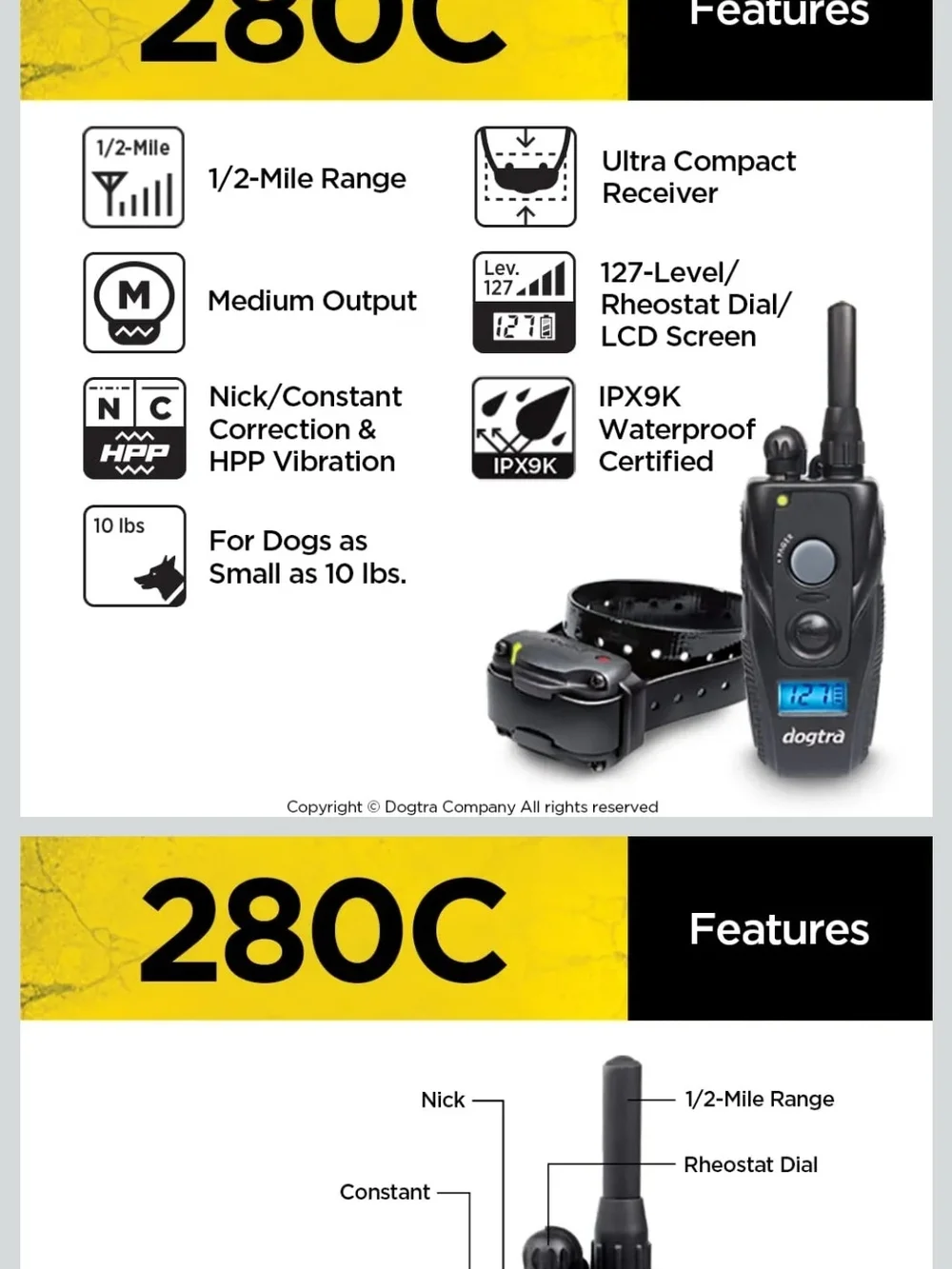 Dogtra Black Two-Way Remote Training Radio with Collar 290C, 127 Level Correct